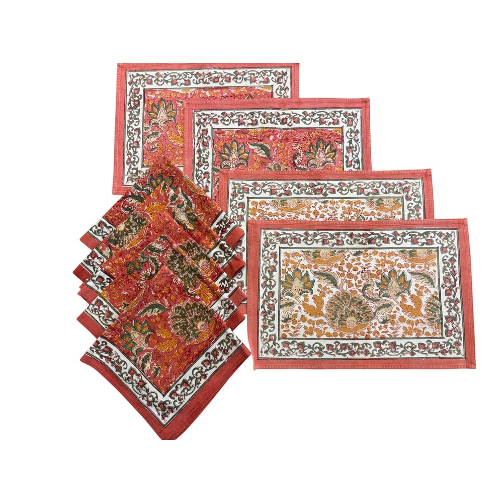 Hand Block Print Floral Cotton Placemats & Napkins Set 9pc Terracotta Boho